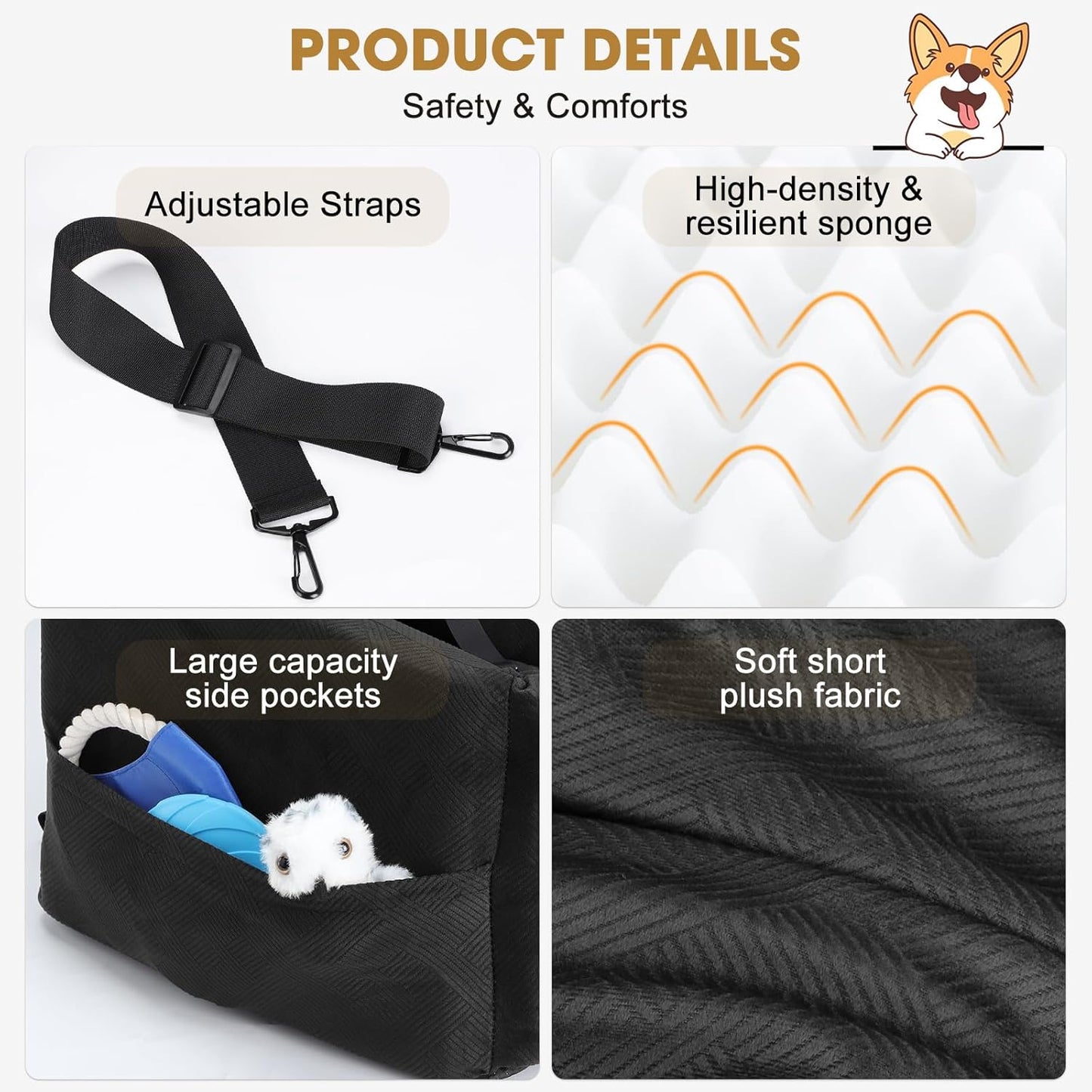 Dog Car Seats for Small Medium Dogs under 35Lbs, Dog Booster Seat with Detachable Washable Cover and Cushion, Memory Foam Pet Car Seat with Safety Belt and Storage Pockets (Black)