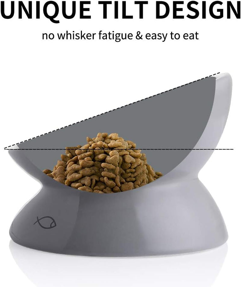 Ceramic Raised Cat Bowls, Slanted Cat Dish Food or Water Bowls, Elevated Porcelain Pet Feeder Bowl (Gray)