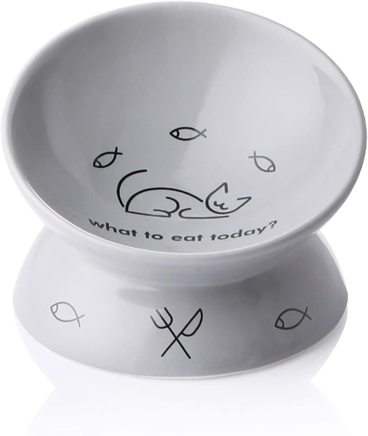 Ceramic Raised Cat Bowls, Slanted Cat Dish Food or Water Bowls, Elevated Porcelain Pet Feeder Bowl (Gray)