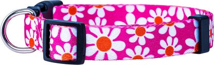Flower Dog Collar, Adjustable Small Medium Large, Cute Girl Female Summer Spring Pretty Designer Puppy Essentials Accessories, Pink Floral Blue Daisy Rose (Small, Pink Daisy)