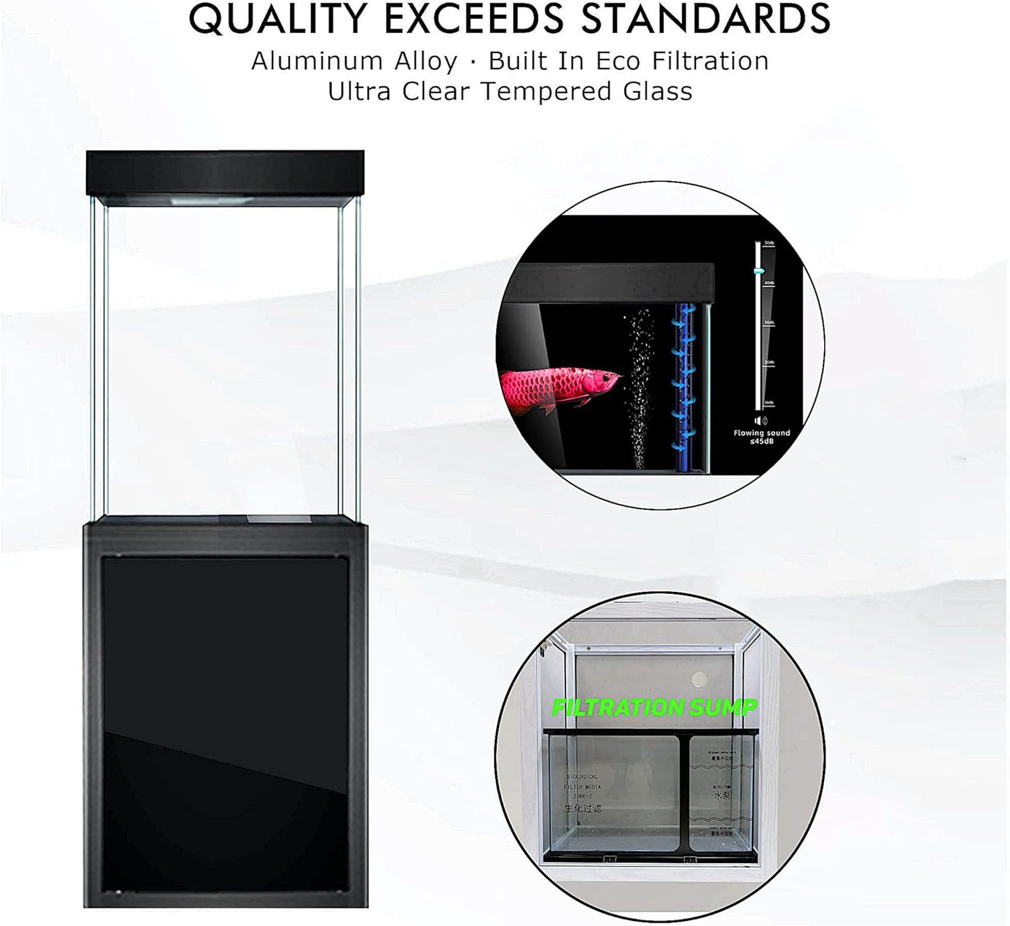 40 Gallon Glass Aquarium with Aluminum Cabinet - Including Sump for Filtration and Circulation, Plumbing, LED, Black