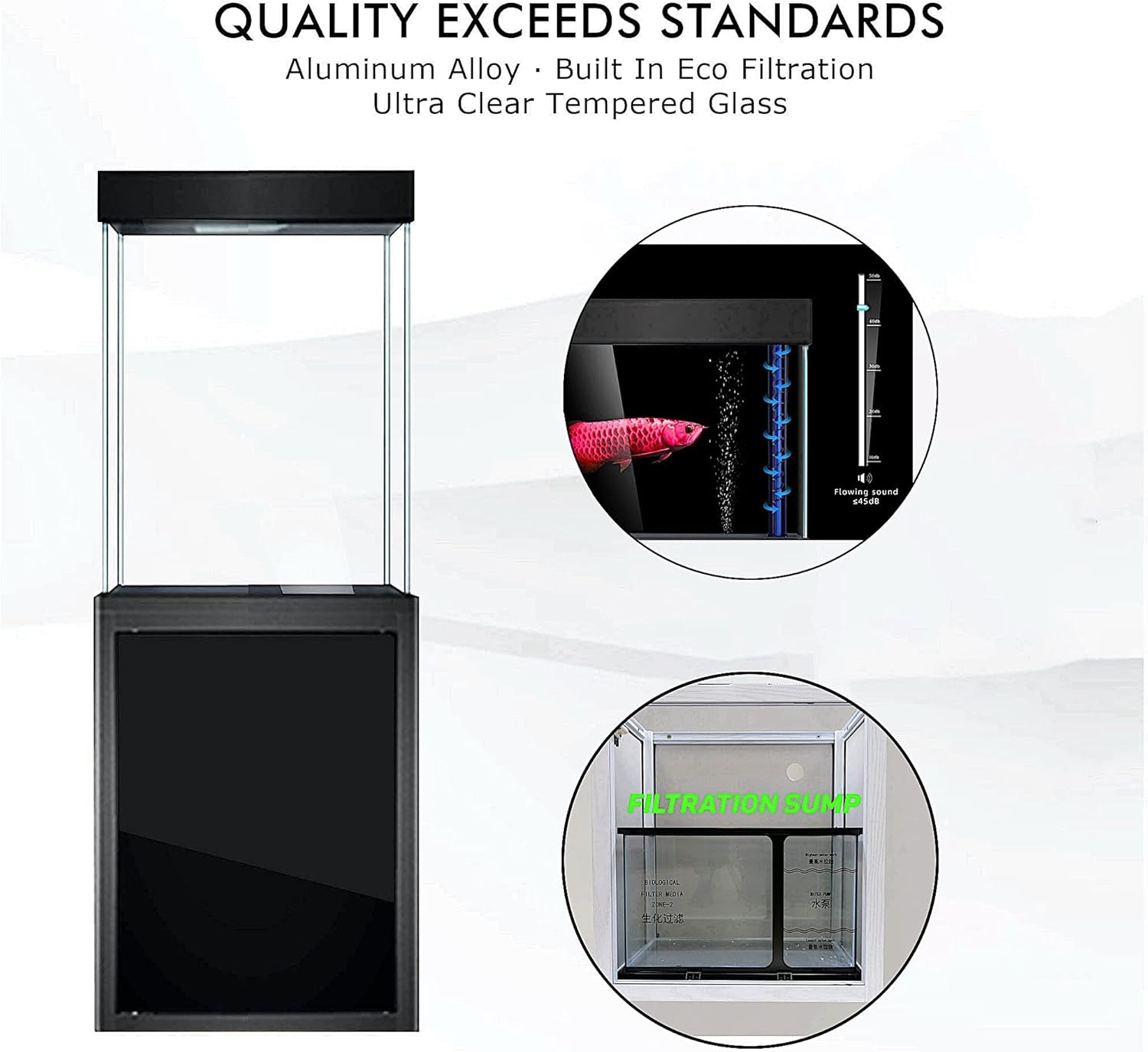 40 Gallon Glass Aquarium with Aluminum Cabinet - Including Sump for Filtration and Circulation, Plumbing, LED, Black