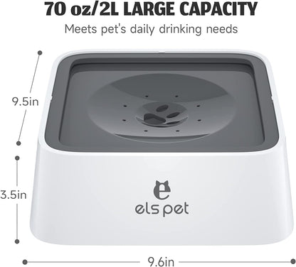 No Spill Slow Water Feeder - Large Capacity 70Oz/2L Travel Bowl for Dogs & Cats Anti-Gulping, Keeps Floor & Beard Dry, Dishwasher Safe, Activated Carbon Filter Included (Grey)