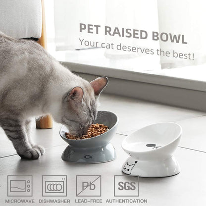 Ceramic Raised Cat Bowls, Slanted Cat Dish Food or Water Bowls, Elevated Porcelain Pet Feeder Bowl (Gray)